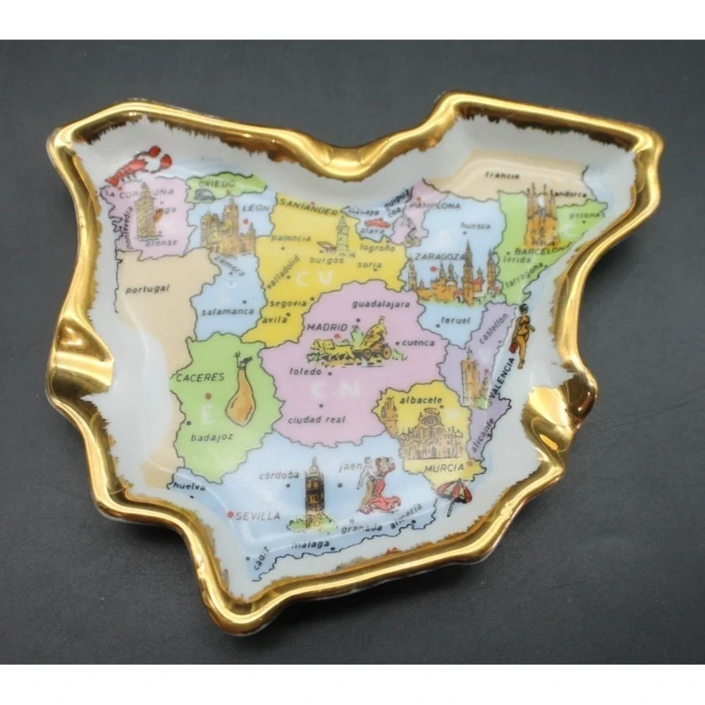 EME Spain Porcelain Trinket Dish Map of Spain Gold Trim Souvenir 5 x 4 Inch